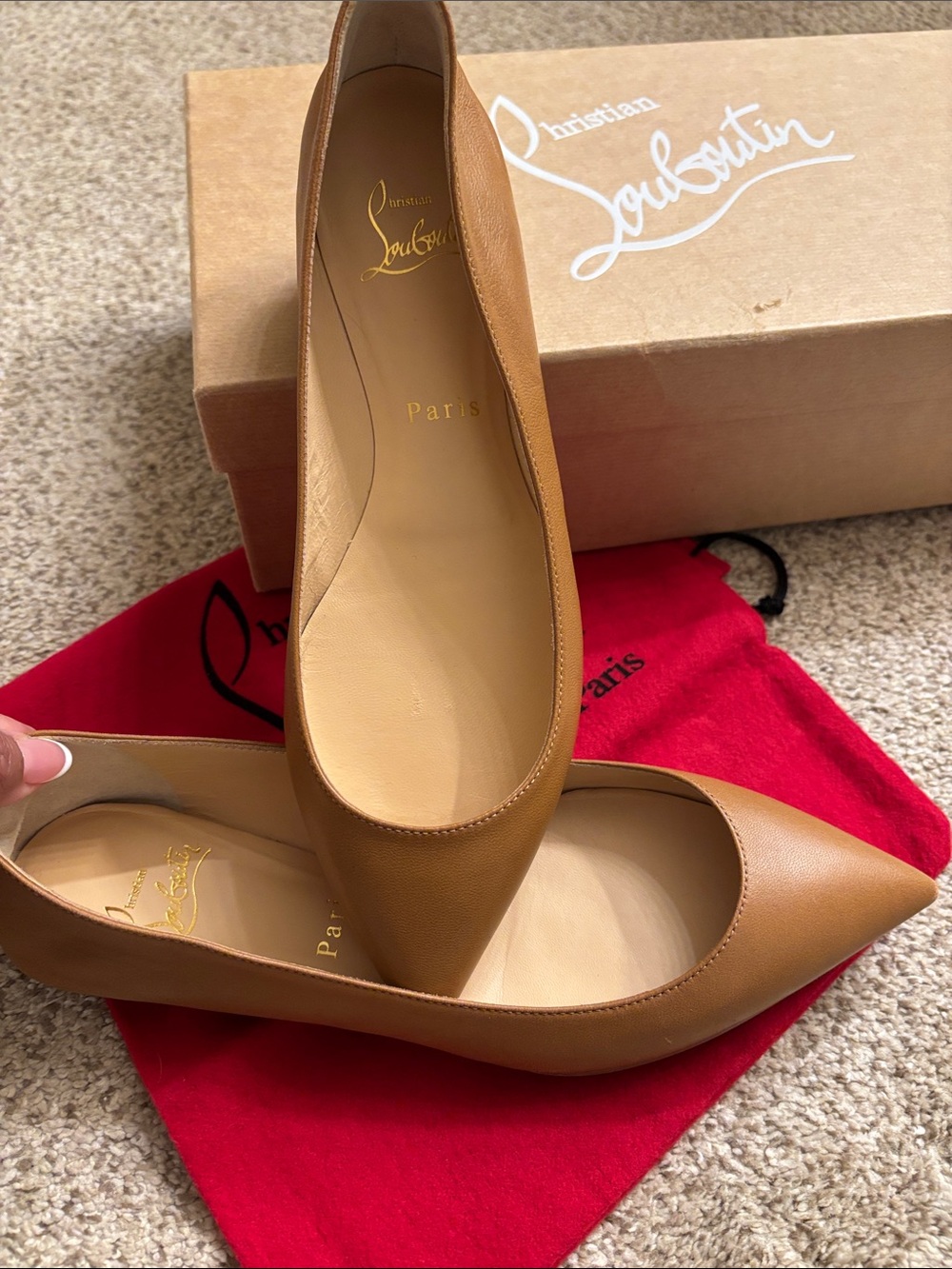 Christian Louboutin Tan Leather Pointed-Toe Flats